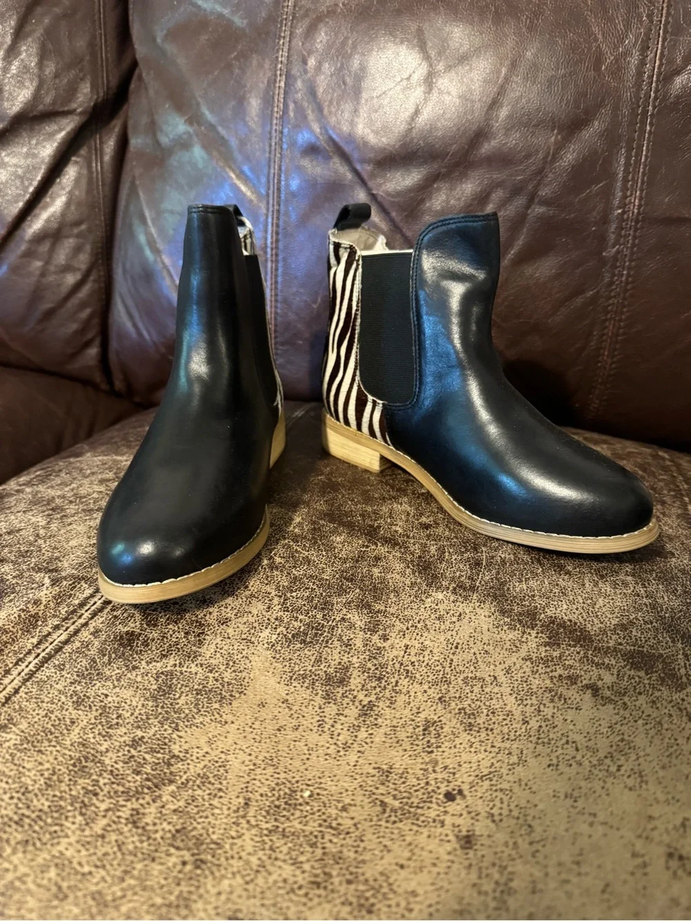 Kids Joules Black Chelsea Boots with Zebra-Print Heel